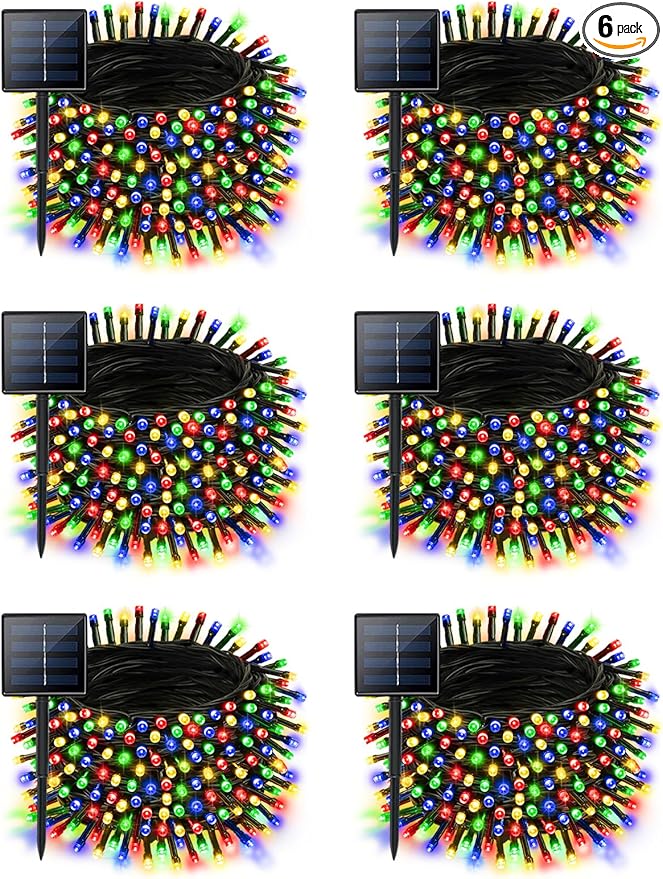 6 Pack Christmas Solar String Lights Outdoor Waterproof, 198FT 600 LED Green Wire Solar Fairy Lights with 8 Modes, Solar Twinkle Lights for Garden Tree Patio Fence Christmas Decorations (Multicolor)