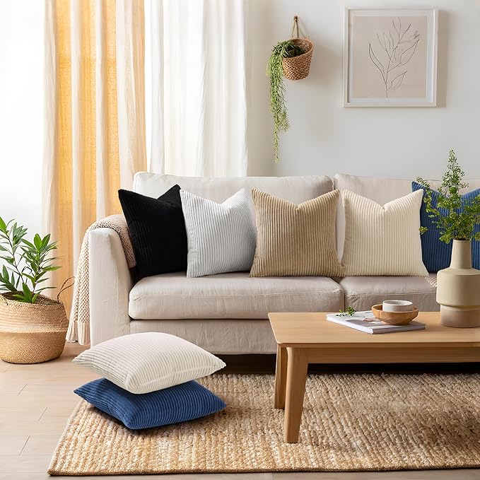 Mecatny Corduroy Decorative Throw Pillow Covers 12x20 Set of 2 for Sofa Living Room, Soft Neutral Boho Couch Pillow Covers for Home Decor, Black
