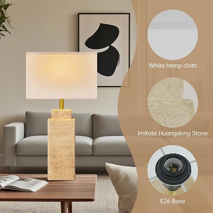 27.6" Vintage Table lamp, Farmhouse Bedside Table Lamps for Bedroom, Living Room, Dining Office, Huangdong Stone Color Lamp Base with White Linen