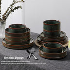 LIANYU Dinnerware Sets with Pasta Bowls, 24 Piece Ribbed Dinnerware Plates and Bowls Set for 6, Elegant Modern Stoneware Dishes Set for Kitchen Dining, Microwave and Dishwasher Safe, Jungle Green
