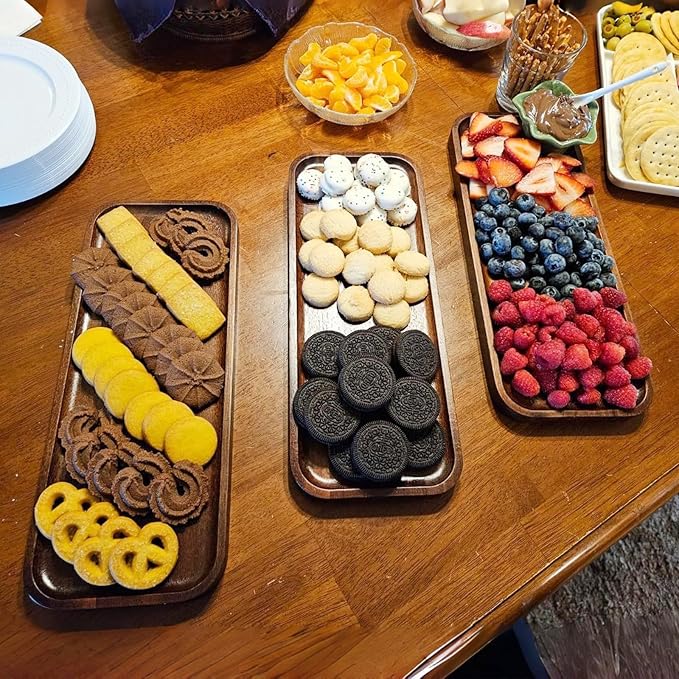 Acacia Wood Serving Platters and Trays - 14" x 5.5" Wooden Mini Charcuterie Boards, Small Cheese Board, Rectangle Wooden Tray for Kitchen Counter, Bathroom, Home Decor, Party (6, 14"X5.5")