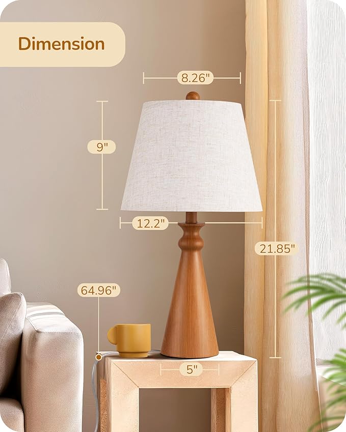 EDISHINE 21.85" Tall Table Lamp, Rustic Bedside Lamp, Water Transfer Rose Wood Grain Metal Base, Beige Linen Shade, Modern Nightstand Lamp for Living Room, Bedroom, Office, E26 Base