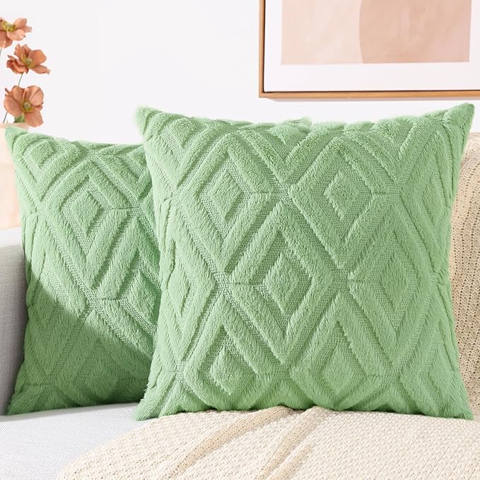decorUhome Couch Throw Pillow Covers 16x16 Set of 2, Decorative Soft Plush Faux Wool Neutral Accent Pillow Covers for Bed Sofa Living Room, Sage Green
