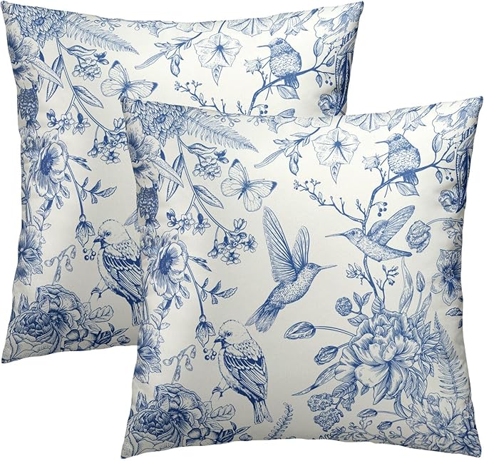Blue Birds Flowers Pillow Covers 22X22 Inch Vintage Floral Linen Square Pillowscase Double Sided Asian Traditional Pattern Couch Cushion Cover for Home Bedroom Living Room Decor