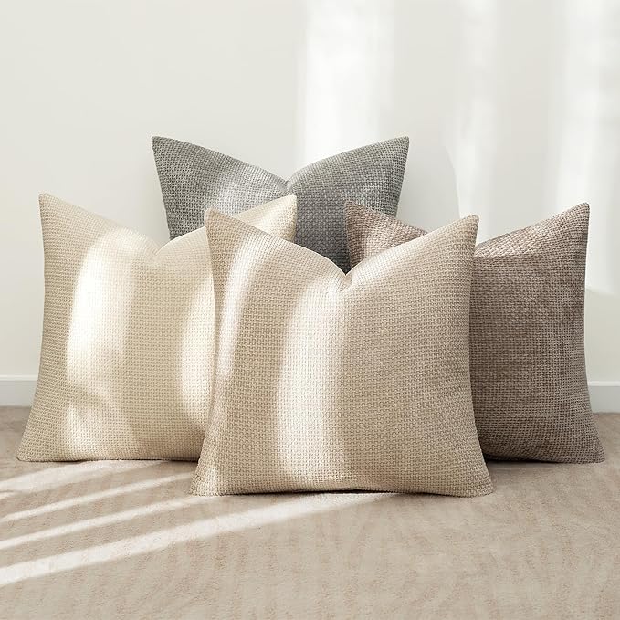 MIULEE Pack of 4 Christmas Couch Throw Pillow Covers 16x16 Inch Neutral Beige/Brown Soft Decorative Chenille Pillow Covers Farmhouse Accent Cushion Covers for Boho Home Decor Sofa Bedroom Living Room