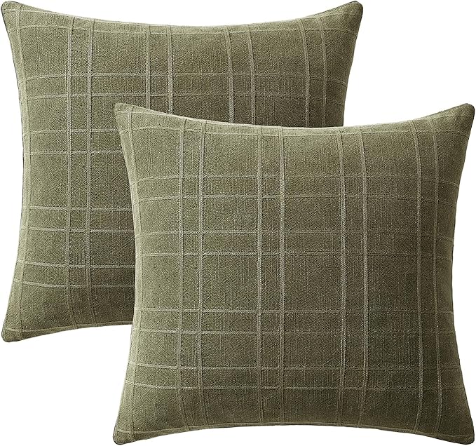 MIULEE Decorative Linen Check Throw Pillow Covers Neutral Farmhouse Vintage Pillow Covers 18x18 Set of 2 Boho Modern Home Decor for Sofa Couch Bedroom Cushion Sage Green