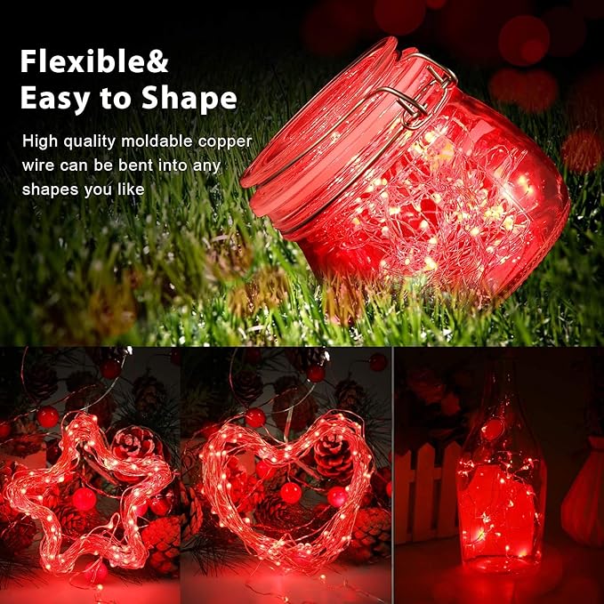 QITONG 4 Pack Red Solar Fairy Lights, Each 33ft 100 LED Christmas String Light Outdoor Waterproof, 8 Modes Silver Wire Mini Twinkle Lights