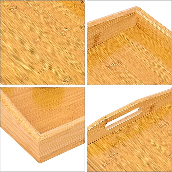 3 Pack Bamboo Serving Tray, 16x 11.6 Inch Wooden Serving Trays with Handles, Bamboo Trays for Serving Food, Perfect for Dinner, Tea, Bar, Breakfast, and Food for Parties, Bed, & Kitchen