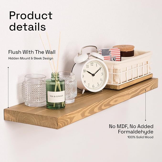 BAOBAB WORKSHOP Natural Wood Floating Shelves for Wall 24 inch - Floating Wall Shelves for Kitchen Bedroom - Wooden Bathroom Shelves - Oak Floating Shelf - 24 x 6.7 Inch, Set of 2