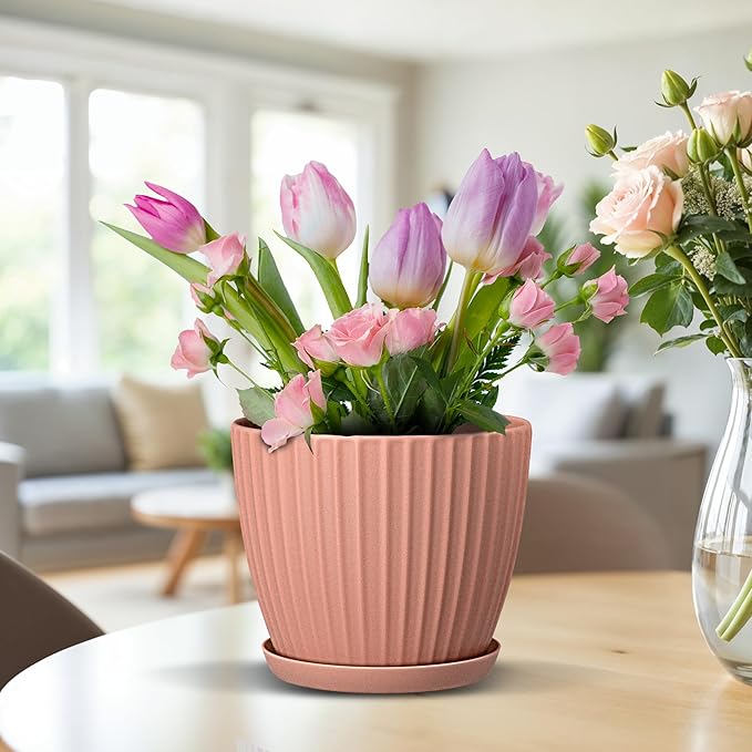 Pink 6-Inch Plant Pots with Drainage & Saucers 3 Pack, Indoor & Outdoor Planters for Houseplants, Herbs, and Flowers, Durable & Weatherproof Material, Stackable, Lightweight, Minimalist Design