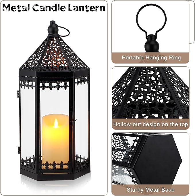 TRIROCKS Set of 2 Deacorative Candle Lantern 16'' & 12'' High Metal Candle Holder Hanging Lanterns with Tempered Glass for Halloween Christmas Indoor Outdoor Home Decor Parties Garden Events (Black)