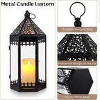 TRIROCKS Set of 2 Deacorative Candle Lantern 16'' & 12'' High Metal Candle Holder Hanging Lanterns with Tempered Glass for Halloween Christmas Indoor Outdoor Home Decor Parties Garden Events (Black)