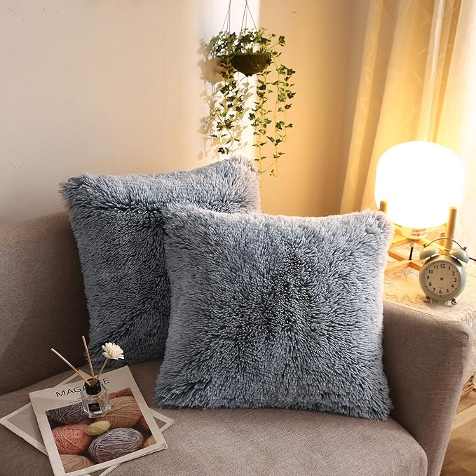 XeGe Cozy Faux Fur Throw Pillow Covers, Zippered Fluffy Cushion Covers, Shaggy Fuzzy Decorative Pillow Covers, Plush Furry Pillowcases Pack of 2 for Sofa Couch Home Decor (18''x18'', Gray Ombre)