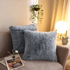 XeGe Cozy Faux Fur Throw Pillow Covers, Zippered Fluffy Cushion Covers, Shaggy Fuzzy Decorative Pillow Covers, Plush Furry Pillowcases Pack of 2 for Sofa Couch Home Decor (18''x18'', Gray Ombre)
