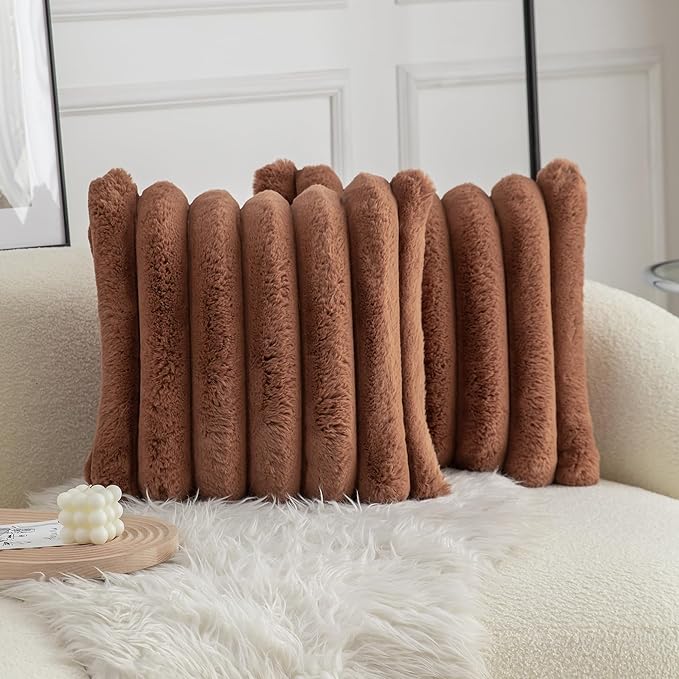 Neelvin Brown Faux Fur Cozy Soft Stripe Decorative Throw Pillow Covers 20x20 inch Set of 2,Velvet Pillowcase Cushion Case for Sofa Couch