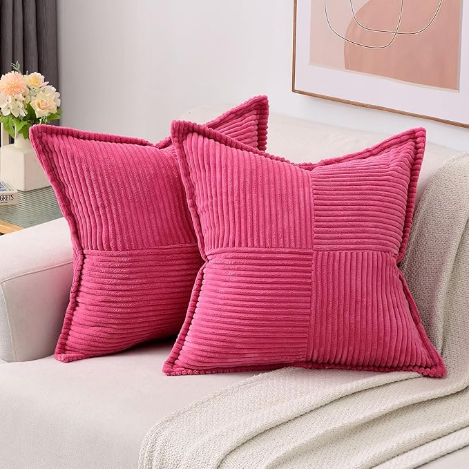 HAUSSY Hot Pink Large Decorative Throw Pillow Covers 26x26 Inch Set of 2,Soft Solid Corduroy Striped Cushion Case,Valentine Decor Pillows,Winter Home Decorations for Couch,Bed