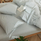 MooMee Striped Duvet Cover Set 100% Washed Cotton Linen Like Textured Breathable Durable Soft Comfy (Heathered Green Classic Stripes, Alaska King 132"x120")