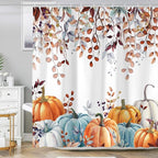 Fall Shower Curtains for Bathroom, Thanksgiving Pumpkins Autumn Eucalyptus Leaves Shower Curtain Set with Hooks, Blue Orange Waterproof Fabric Fall Bathroom Decor Accessories, 60 x 72 Inch