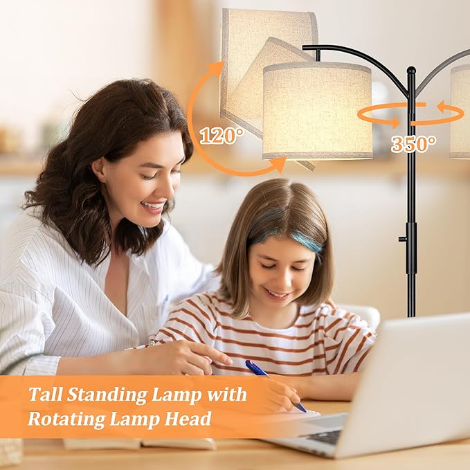 Dimmable Floor Lamp, Arc Floor Lamps for Living Room, Stepless Dimming Modern Standing Lamp with Linen Shade, Tall Lamp for Bedroom Office Dining Room- Black