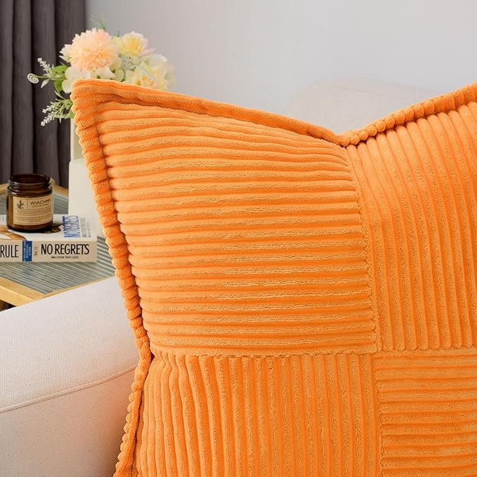 HAUSSY Orange Decorative Throw Pillow Covers 24x24 Inch Set of 2,Soft Solid Corduroy Striped Cushion Case,Square Euro Pillow Shams,Winter Home Decorations for Couch,Bed