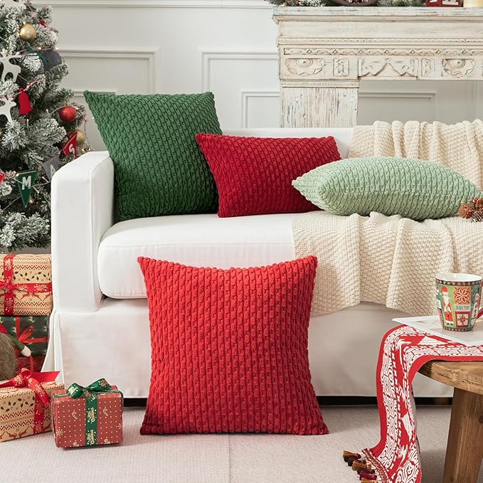 Kevin Textile Christmas Red Throw Pillow Covers Soft Corduroy Decorative Set of 2 Boho Striped Pillow Covers Pillowcases Farmhouse Home Decor for Couch Bed Sofa Living Room 26x26 Inch