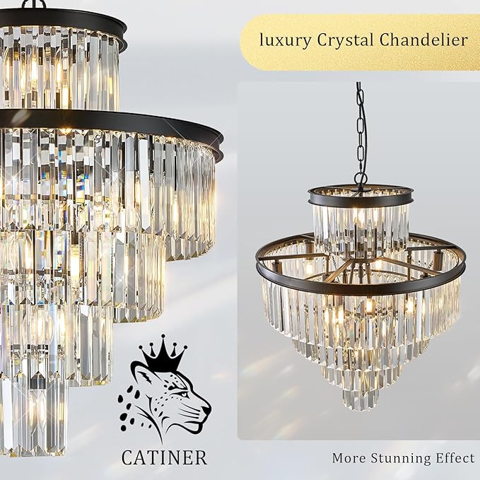 24" Modern Crystal Chandelier 15 Lights Black Pendant Light Fixture Luxury 5-Tier K9 Crystals Chandelier Contemporary Round Pendant Lighting for Dinning Room Living Room Foyer Kitchen