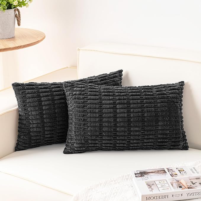 Pack of 2 Corduroy Decorative Throw Pillow Covers 12x20 Inch Soft Striped Pillow Covers Modern Farmhouse Home Decor for Sofa Living Room Couch Bed（Dark Grey）