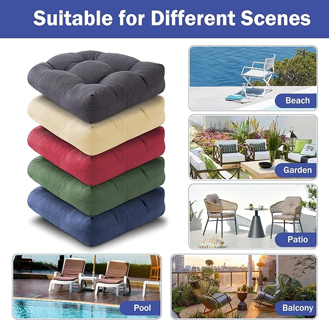 Outdoor Chair Cushions Set of 2, Patio Chair Cushions with Ties, 17x17+4” Tufted Outdoor Seat Cushions, Waterproof Patio Furniture Cushions, Outdoor Dining Chair Pads, Navy