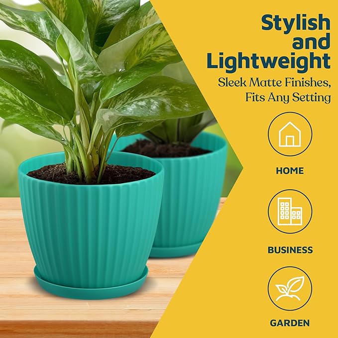 Aqua 6-Inch Plant Pots with Drainage & Saucers 3 Pack, Indoor & Outdoor Planters for Houseplants, Herbs, and Flowers, Durable & Weatherproof Material, Stackable, Lightweight, Minimalist Design