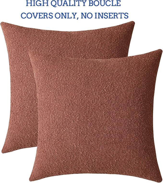 Jeneoo Ocher Decorative Square Thick Terracotta Throw Pillow Covers Fine Textured Boucle Couch Cushion Case for Sofa Home Decor, Set of 2, 18 x 18 Inch