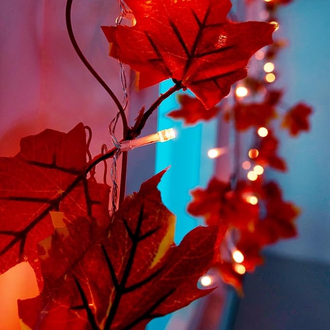 VCOKEN Fall Maple Leaf Garland - Outside Fall Decor with Battery Operated - Outdoor Decor Garlands with 24 Warm Lights for Home Holiday Autumn Garland Indoor Table Door