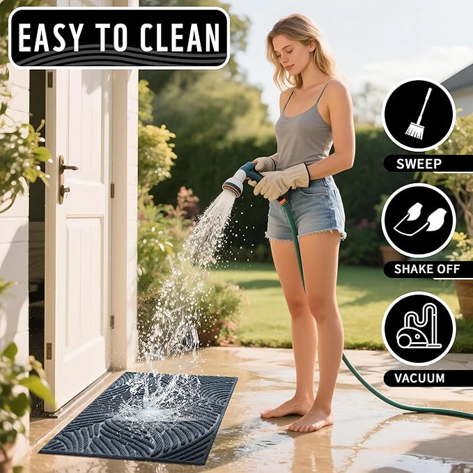 Yimobra Doormat Outdoor Entrance 29.5x17, All-Weather Waterproof Art Line Outdoor Mats for Front Door, Heavy Duty Non-Slip Welcome Matt for Garage Patio Proch Entryway Indoor, Blue
