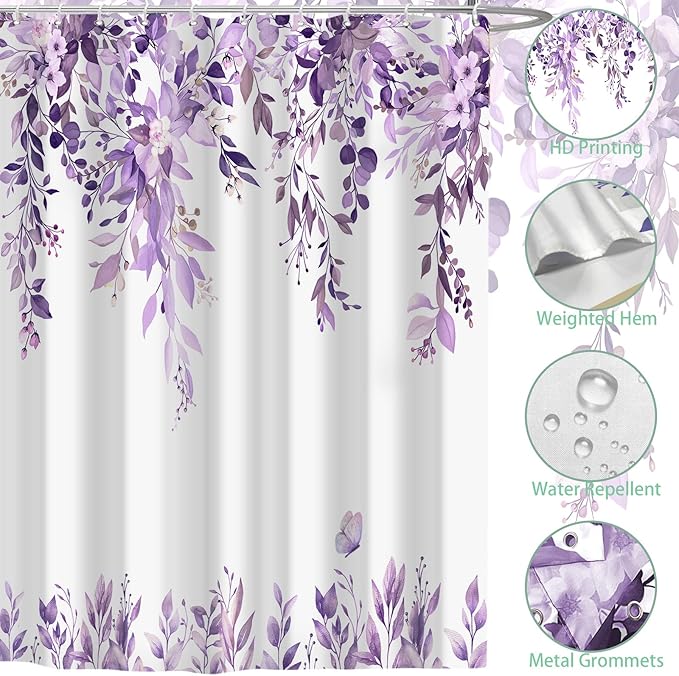 Eucalyptus Shower Curtain, Purple Watercolor Leaves with Floral Botanical Bathroom Decor, Waterproof Fabric Bath Curtain Set with Hooks, 72x72 Inches