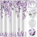 Eucalyptus Shower Curtain, Purple Watercolor Leaves with Floral Botanical Bathroom Decor, Waterproof Fabric Bath Curtain Set with Hooks, 72x84 Inches