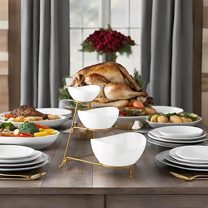 Gomakren 3 Tiered Oval Serving Bowl with Collapsible Metal Rack, Chip and Dip Serving Set, Dessert Appetizer Bowl Set (45oz / 17.5oz / 7oz), White Serving Bowls For Entertaining (Gold Stand)