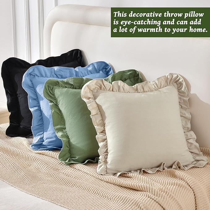 AmHoo Pack of 2 Throw Pillow Covers 100% Cotton Pre Washed Ruffle Decorative Pillowcase Cushion for Couch Sofa Bedroom 18 x 18-Inch Beige