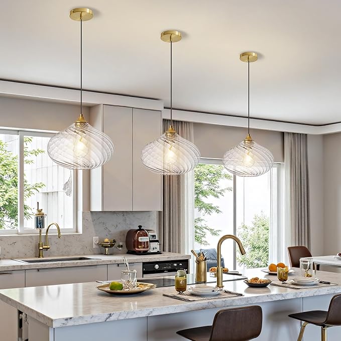 Glass Pendant Lights Kitchen Island, Brass Gold Pendant Lighting Fixtures, Modern Hanging Ceiling Light with 11'' Striped Clear Glass Shade for Farmhouse Dining Room Bedroom Hallway(1 Pack)