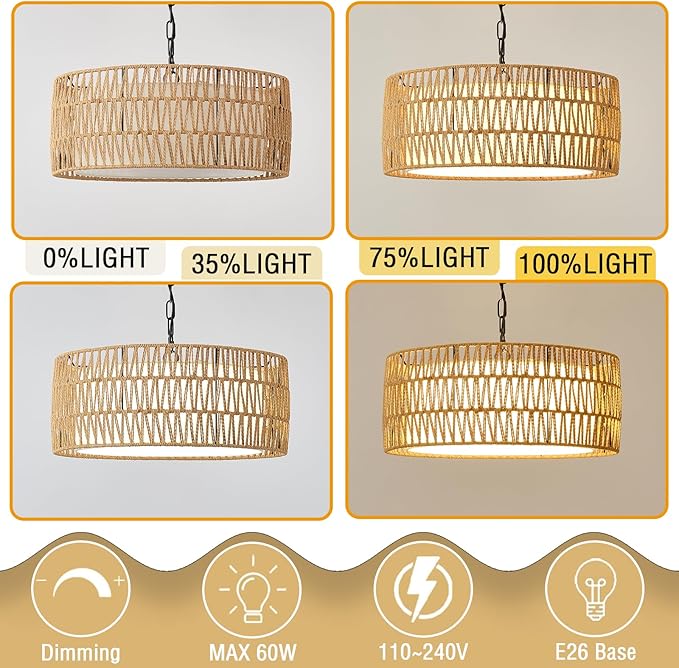 Farmhouse Rattan Chandelier Light Fixture, Boho Pendant Light Hand Woven Chandeliers for Dining Room with Fabric Shade, Large Wicker Coastal Pendant Light for Kitchen Bedroom Island Hallway