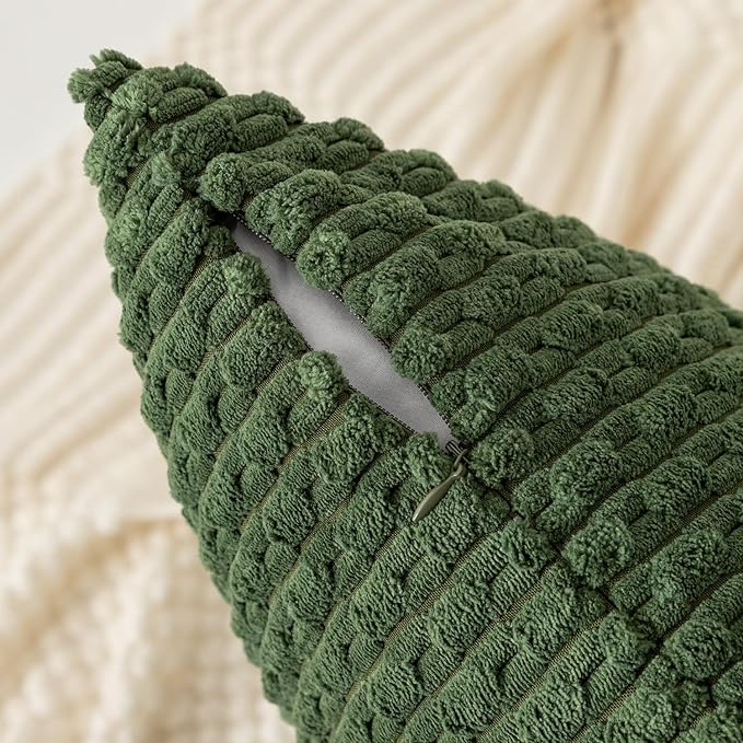 Kevin Textile Throw Pillow Covers Soft Corduroy Decorative Set of 2 Boho Striped Pillow Covers Pillowcases Farmhouse Home Decor for Couch Bed Sofa Living Room 16x16 Inch Moss Green