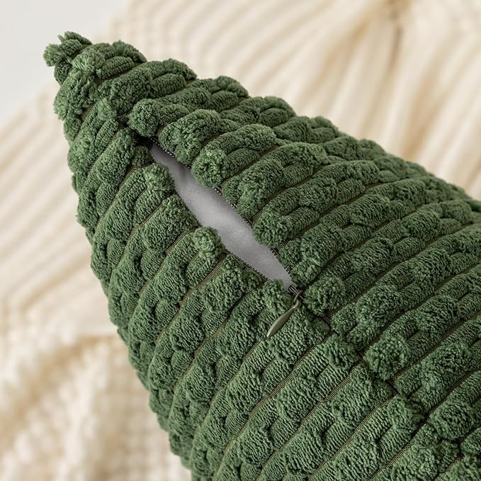 Kevin Textile Throw Pillow Covers Soft Corduroy Decorative Set of 2 Boho Striped Pillow Covers Pillowcases Farmhouse Home Decor for Couch Bed Sofa Living Room 18x18 Inch Moss Green