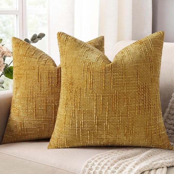 decorUhome Mustard Yellow Chenille Throw Pillow Covers 16x16 Set of 2 Thick Textured Slubby Couch Pillow Covers Farmhouse Accent Modern Neutral Decorative Pillow Cases for Bed Sofa Living Room
