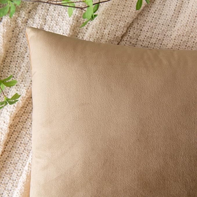 EMEMA Pack of 2 Velvet Throw Pillow Covers Decorative Rectangle Pillowcase Soft Solid Cushion Case for Sofa Bedroom Chair Car 12x20 Inch Khaki