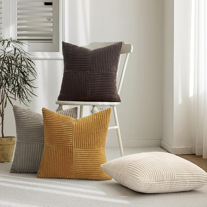 Topfinel Gold Brown Vintage Throw Pillow Covers Set of 4,Rustic Warm Velvet Gold Brown Cushion Covers with Corduroy,Soft Accent Pillowcases for Couch,Bed,Living Room Home Decor 18×18 Inch