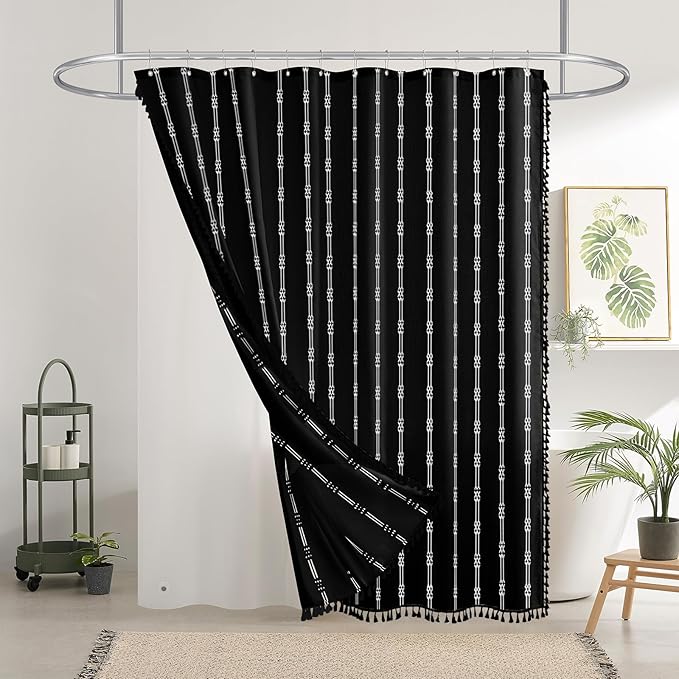downluxe Linen Texture 3 in 1 Farmhouse Shower Curtain Set with Tassel, Boho Fabric Shower Curtains for Bathroom, Black, 72W x 72L