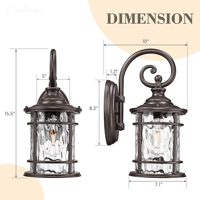 Emliviar 15.5" Outdoor Wall Mounted Light Fixture, Farmhouse Porch Lighting in Oil Rubbed Bronze Finish, Outside Lantern for Yard with Water Ripple Glass Shade, XE229B ORB WG