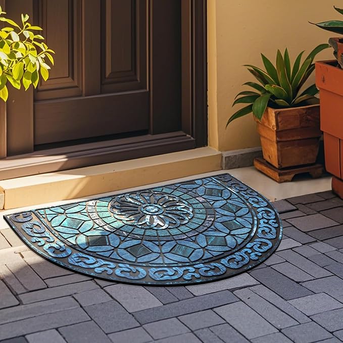 Door Mat Welcome Mat, Heavy Duty Outside Door Mat 23.6 x 35.4 Inch Round Front Door Rug Doormat for Entrance Home Non-Slip Rubber Rug for Front Door, Entryway, Patio (Blue)