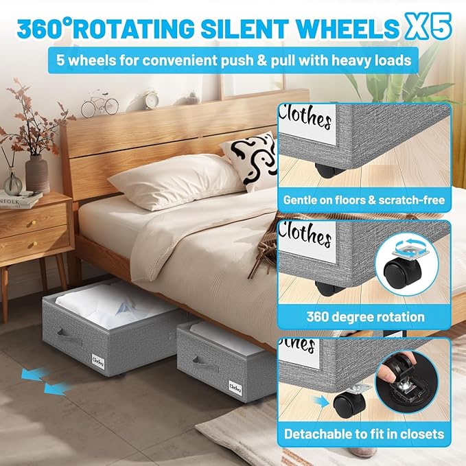 2 Pack Under Bed Storage with Wheels 6.7" Height, Rolling Storage Bins XL 50L, Underbed Shoe Storage Containers with Label & Clear Lid, Dorm Under bed Drawers for Clothes, Shoes, Quick Assembly, Grey