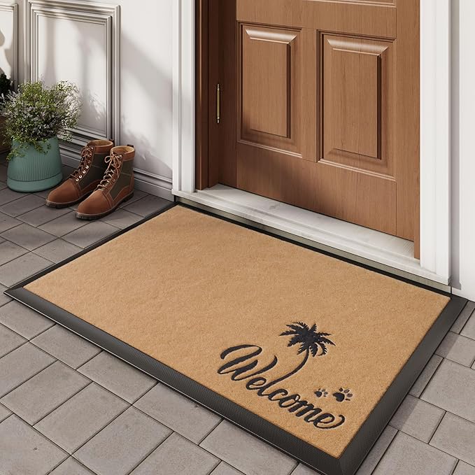 Dirt Trapping Outdoor Welcome Mats, 24x35 Durable Non-Slip Door Mat Outside Entrance, Low Profile Easy Clean Doormat for Patio Porch Front Indoor Entryway, Brown