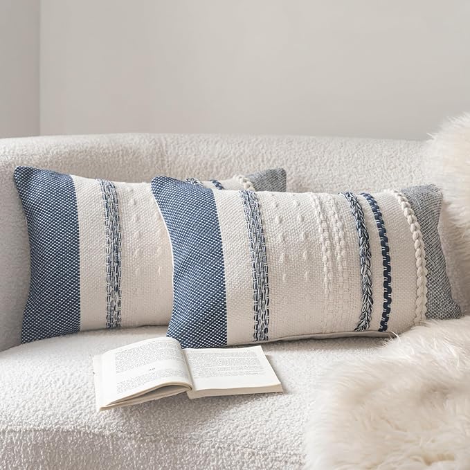 Boho Throw Pillow Covers 12x20 Inch Set of 2, Navy Blue Textured Decorative Couch Pillow Cases for Farmhouse Home Decor, Accent Cushion Cover for Sofa, Bed, Living Room, Bedroom