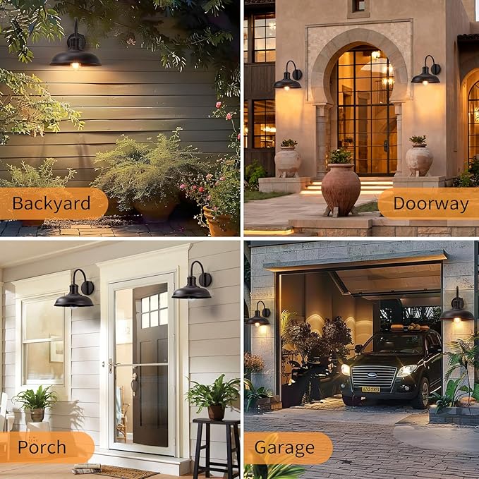 12'' Dusk to Dawn Outdoor Gooseneck Barn Light, 2-Pack Farmhouse Exterior Wall Mount Light Fixture - Industrial Brown for Porch, Entryway, Garage
